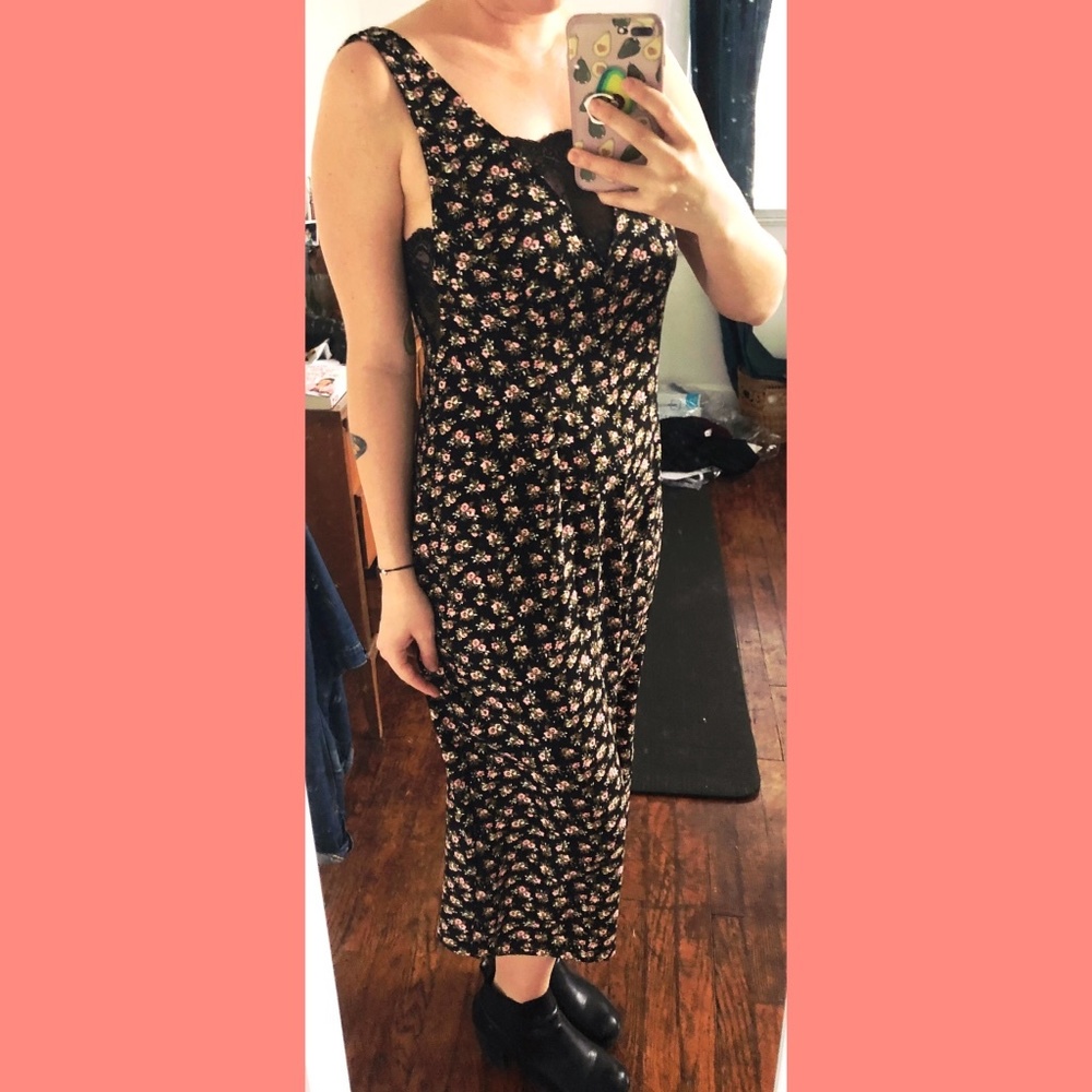 H&M Black Floral Low-Cut Lacey Calf-Length Dress